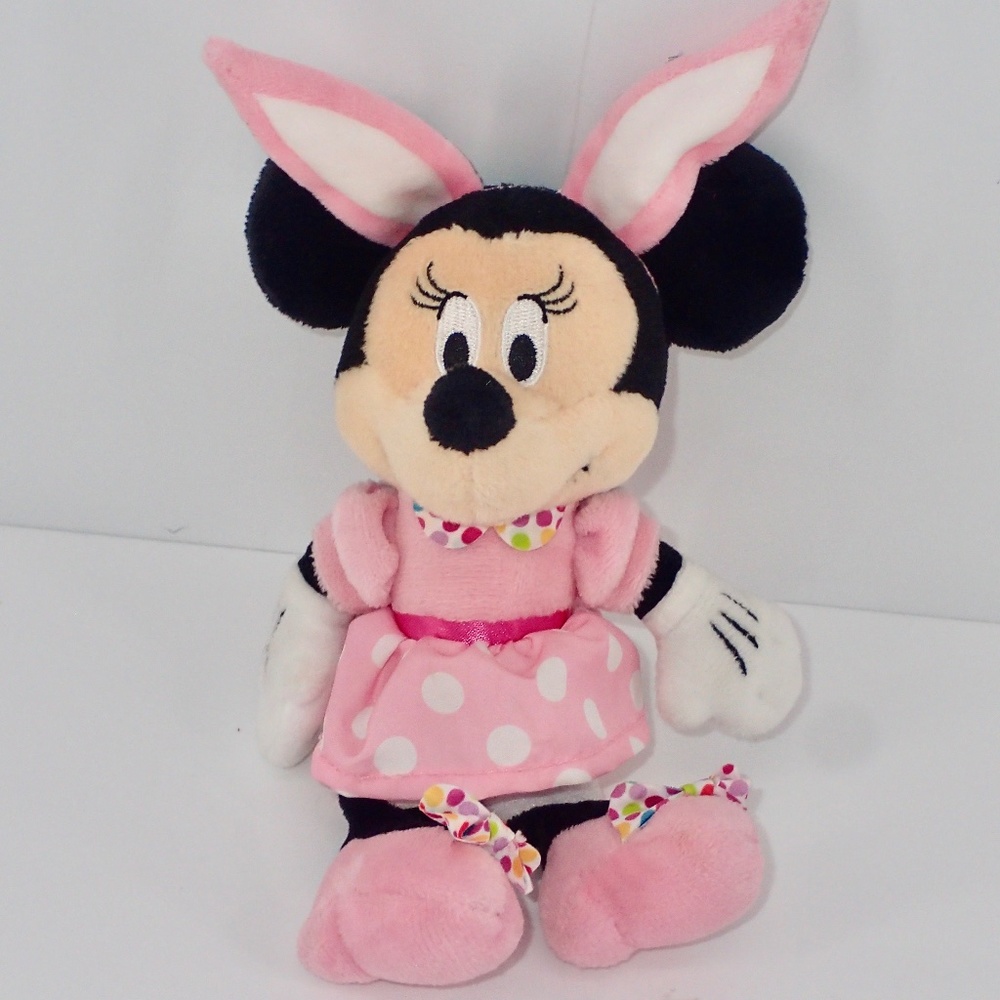 Disney Baby Minnie Mouse Pink Polkadot Dress Bunny Plush With Rattle Feet 8"
